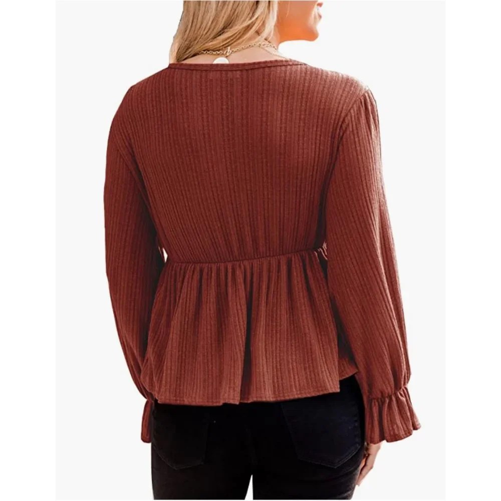 Coffee Ruffle Peplum Puff Sleeve V-Neck Long Lantern Sleeve Babydoll Top Blouse - Picture 6 of 7